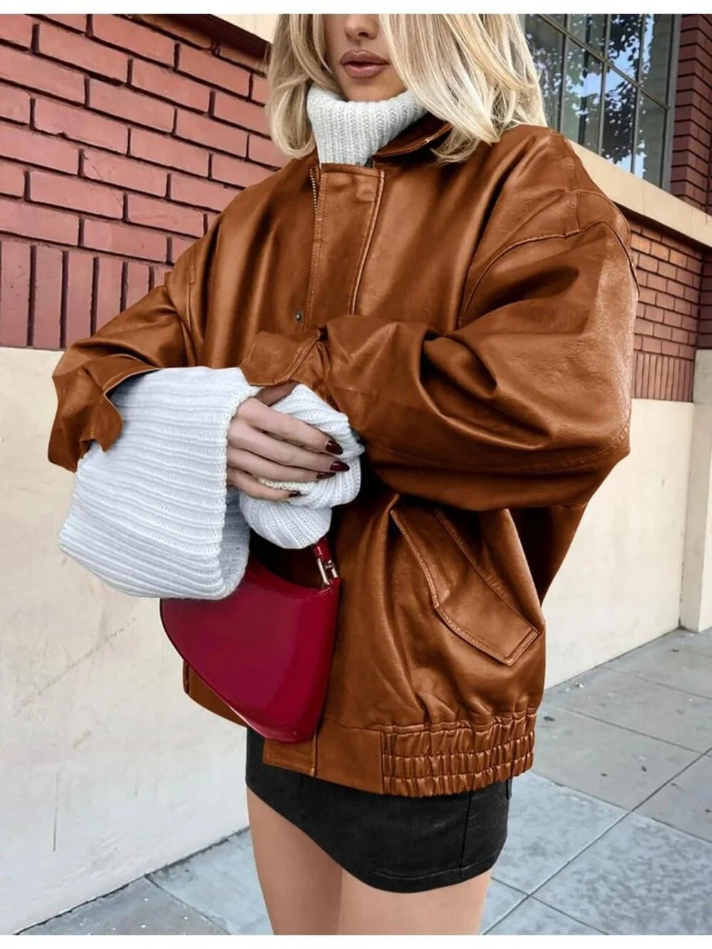 Women's Brown Oversized Winter Moto Biker ZIP Up Fall Faux Leather Jacket